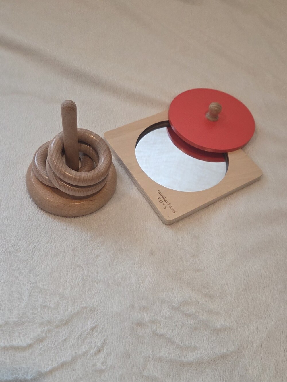 Montessori Wooden Stacking Rings & Red Lid Mirror Toy - Natural